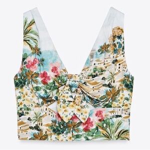 Zara Tropical Print Knotted Crop Top Multicolor Size NWT Linen Blend